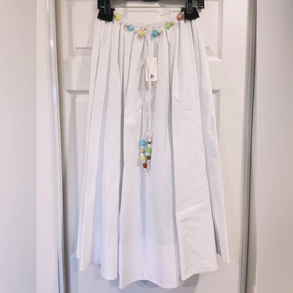 NWT $398 Tory Burch Beaded Cotton Poplin Skirt In White